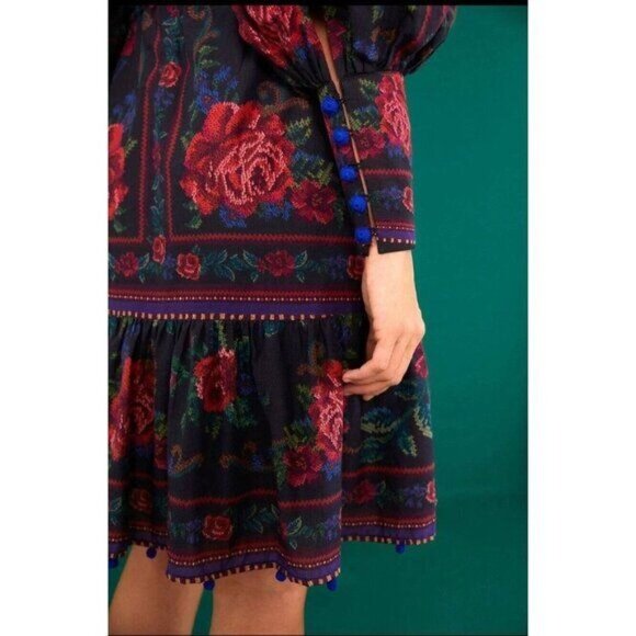 FARM Rio Mini Dress S Black Flower Tapestry Teal Floral Cottagecore Summer - Picture 4 of 16